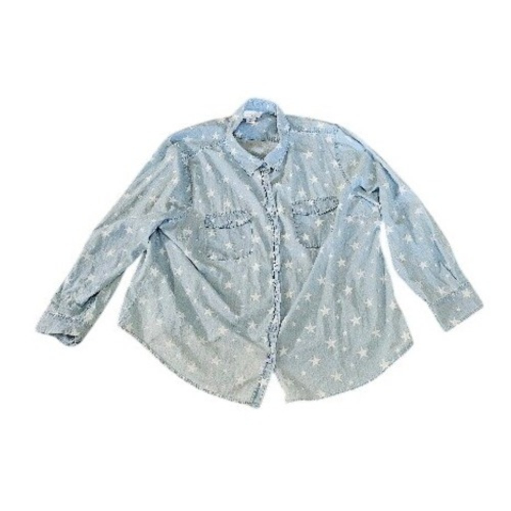 Country Store Womens 2X Blue Star Print Button Down Shirt Cotton Long Sleeve